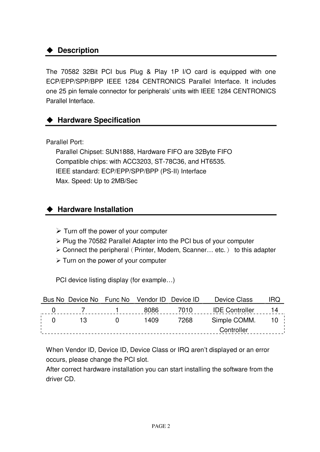 Lindy 70582 manual Description, Hardware Specification, Hardware Installation, Irq 