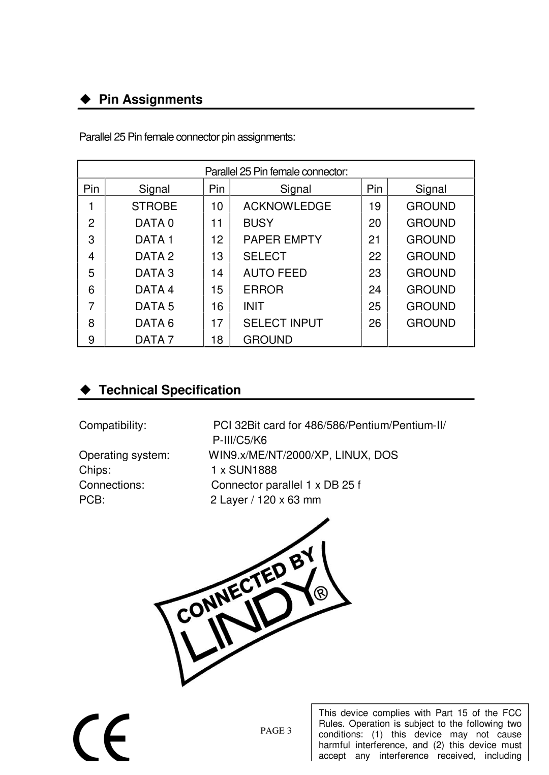 Lindy 70582 Pin Assignments, Technical Specification, Ground Ground Ground Ground Ground Ground Ground Ground, III/C5/K6 