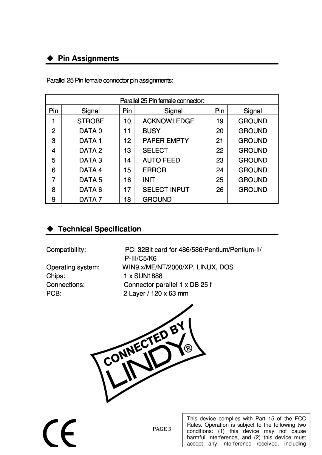 Lindy 70582 manual Pin Assignments, Technical Specification 