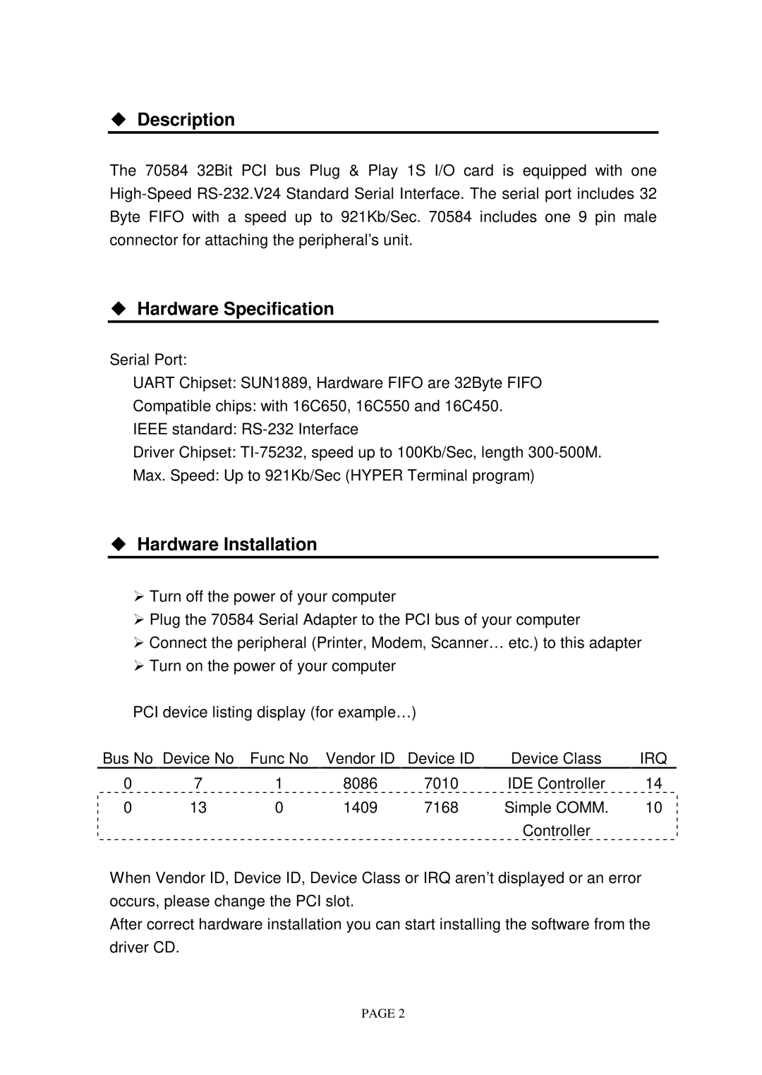 Lindy 70584 manual Description, Hardware Specification, Hardware Installation, Irq 