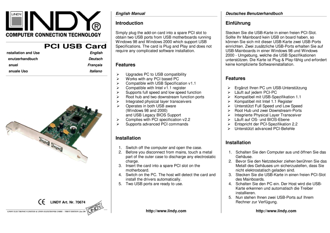 Lindy 70674 specifications Introduction, Features, Installation, Einführung 