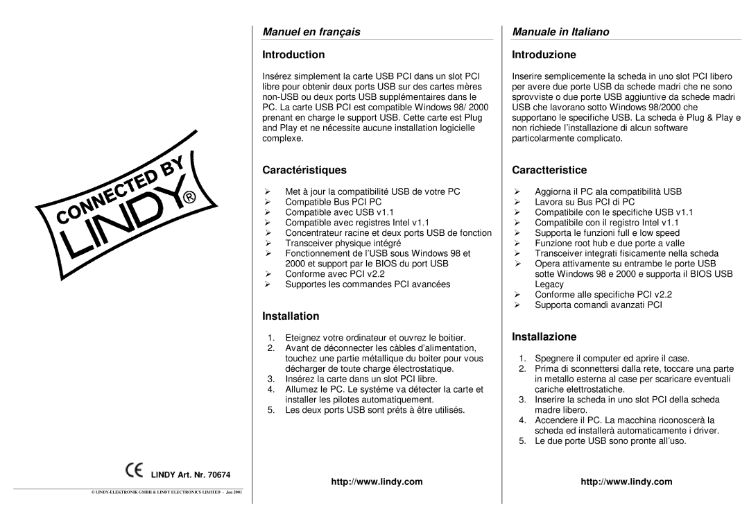 Lindy 70674 specifications Manuel en franç ais, Manuale in Italiano 