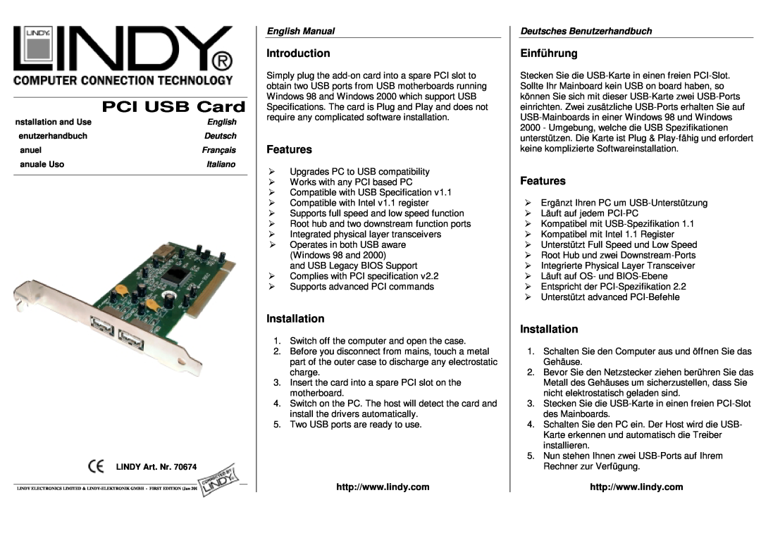 Lindy 70674 specifications Introduction, Features, Installation, Einführung, PCI USB Card, English Manual 