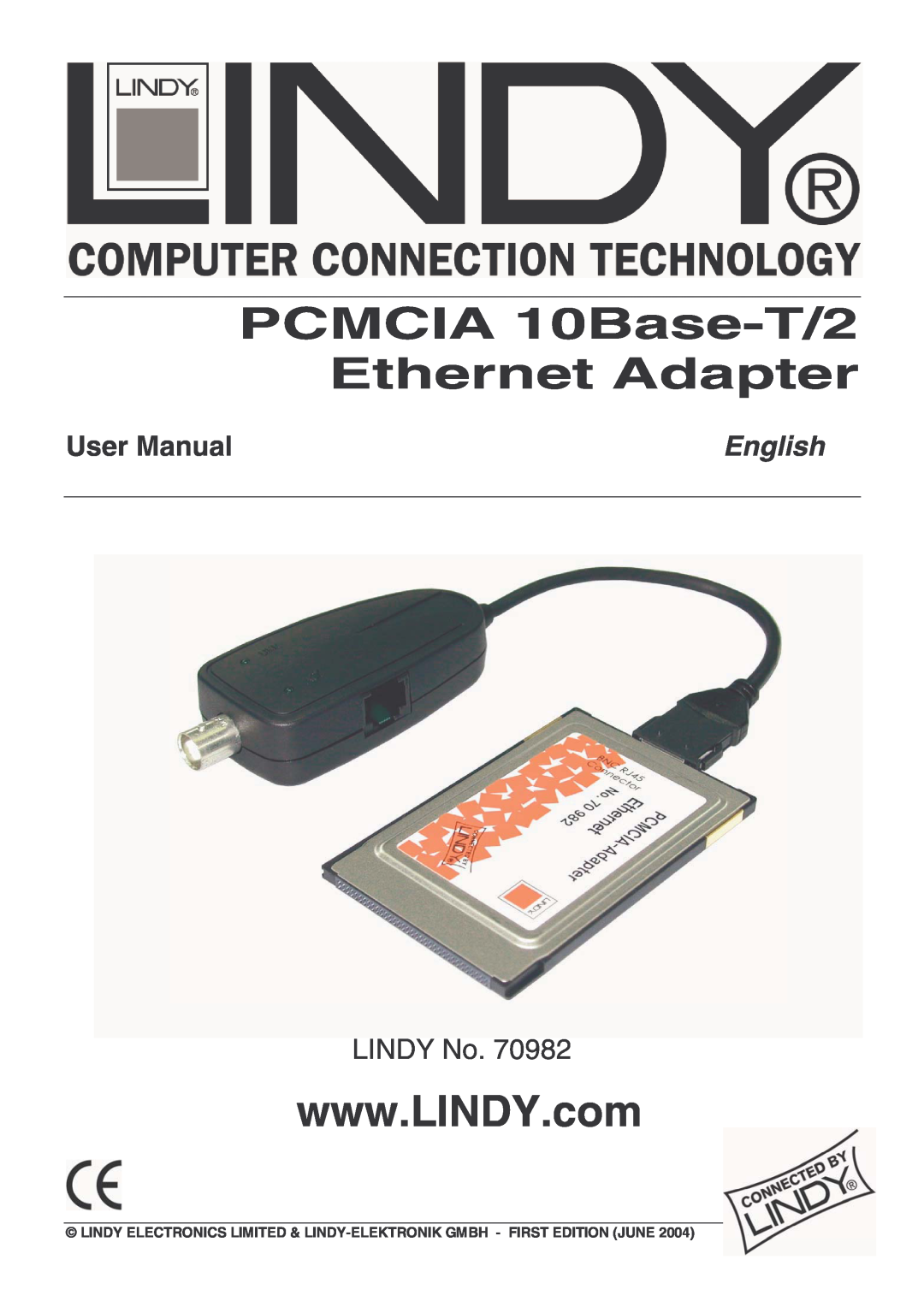 Lindy 70928 user manual English, PCMCIA 10Base-T/2 Ethernet Adapter, LINDY No 