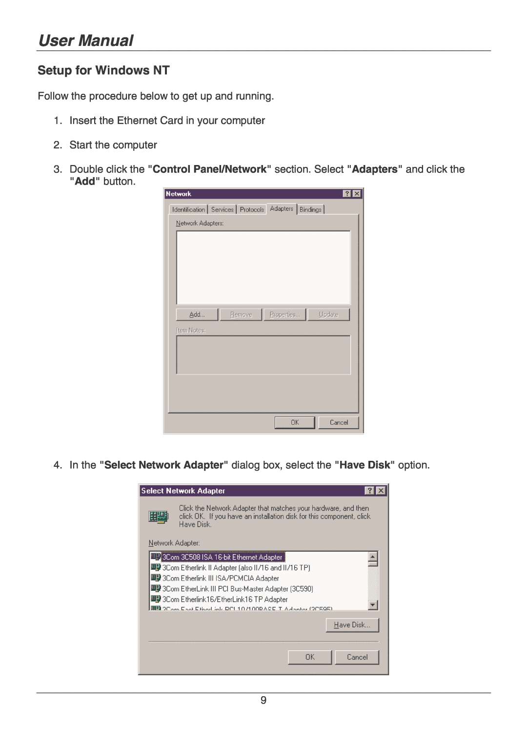 Lindy 70928 user manual Setup for Windows NT, User Manual, Follow the procedure below to get up and running 