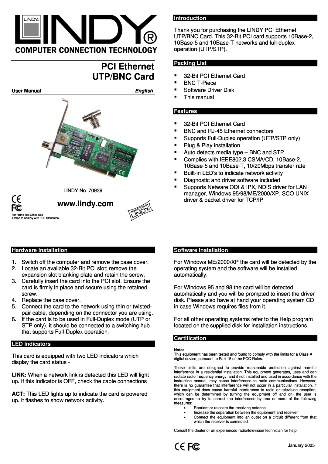Lindy 70939 user manual PCI Ethernet UTP/BNC Card, Hardware Installation, LED Indicators, Introduction, Packing List 