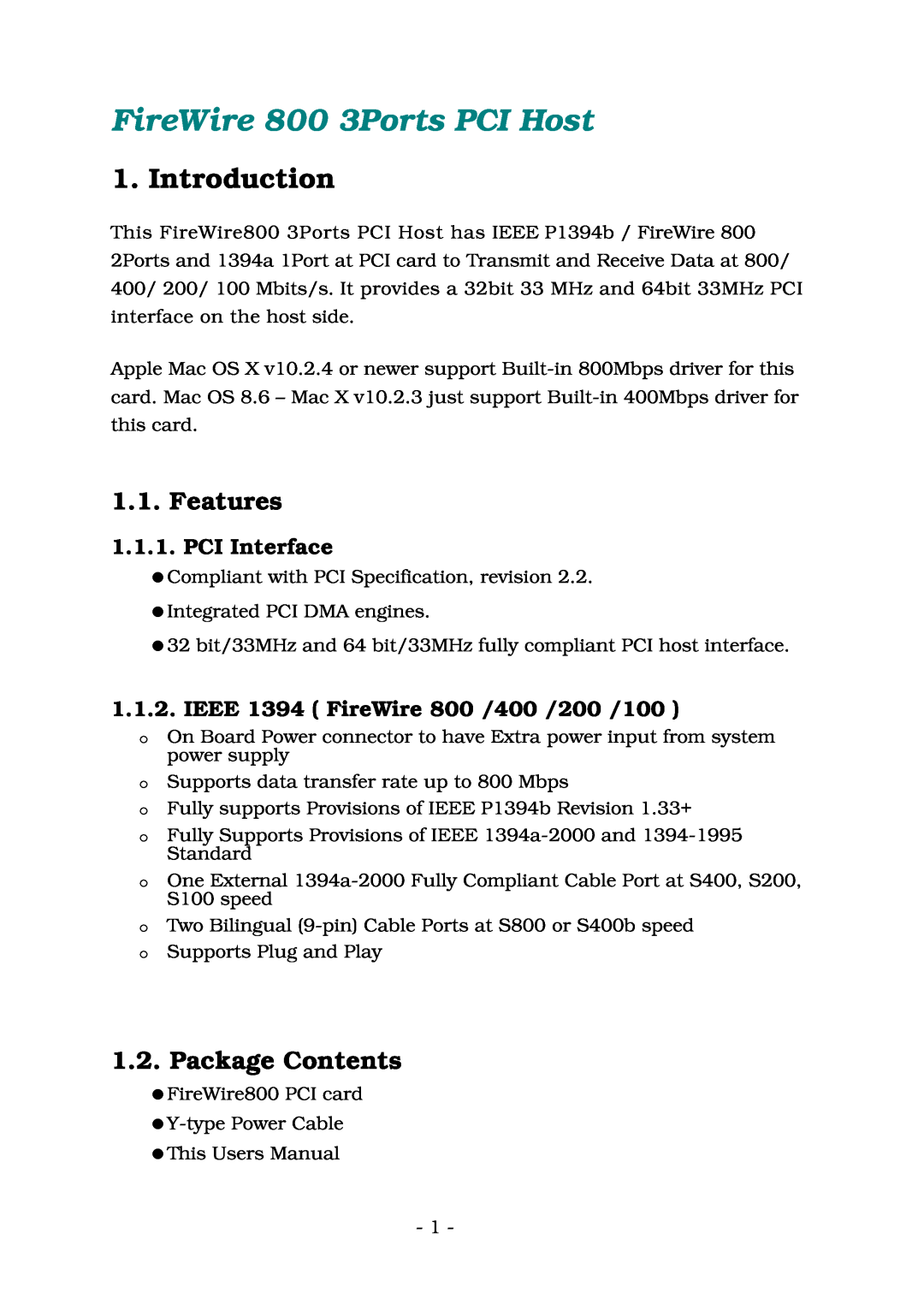 Lindy user manual Introduction, FireWire 800 3Ports PCI Host, Features, Package Contents, PCI Interface 