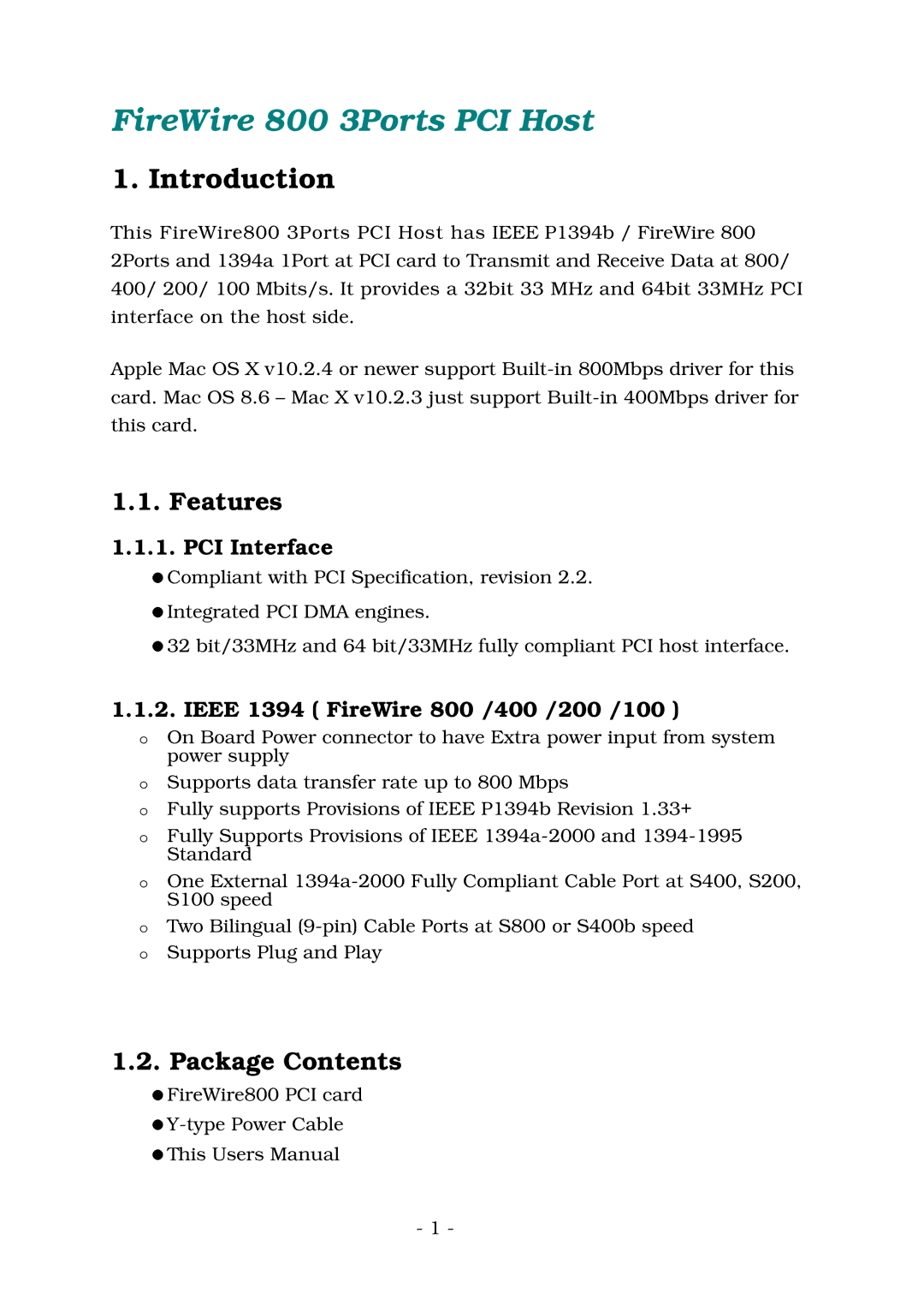 Lindy user manual FireWire 800 3Ports PCI Host, Introduction, Features, Package Contents 