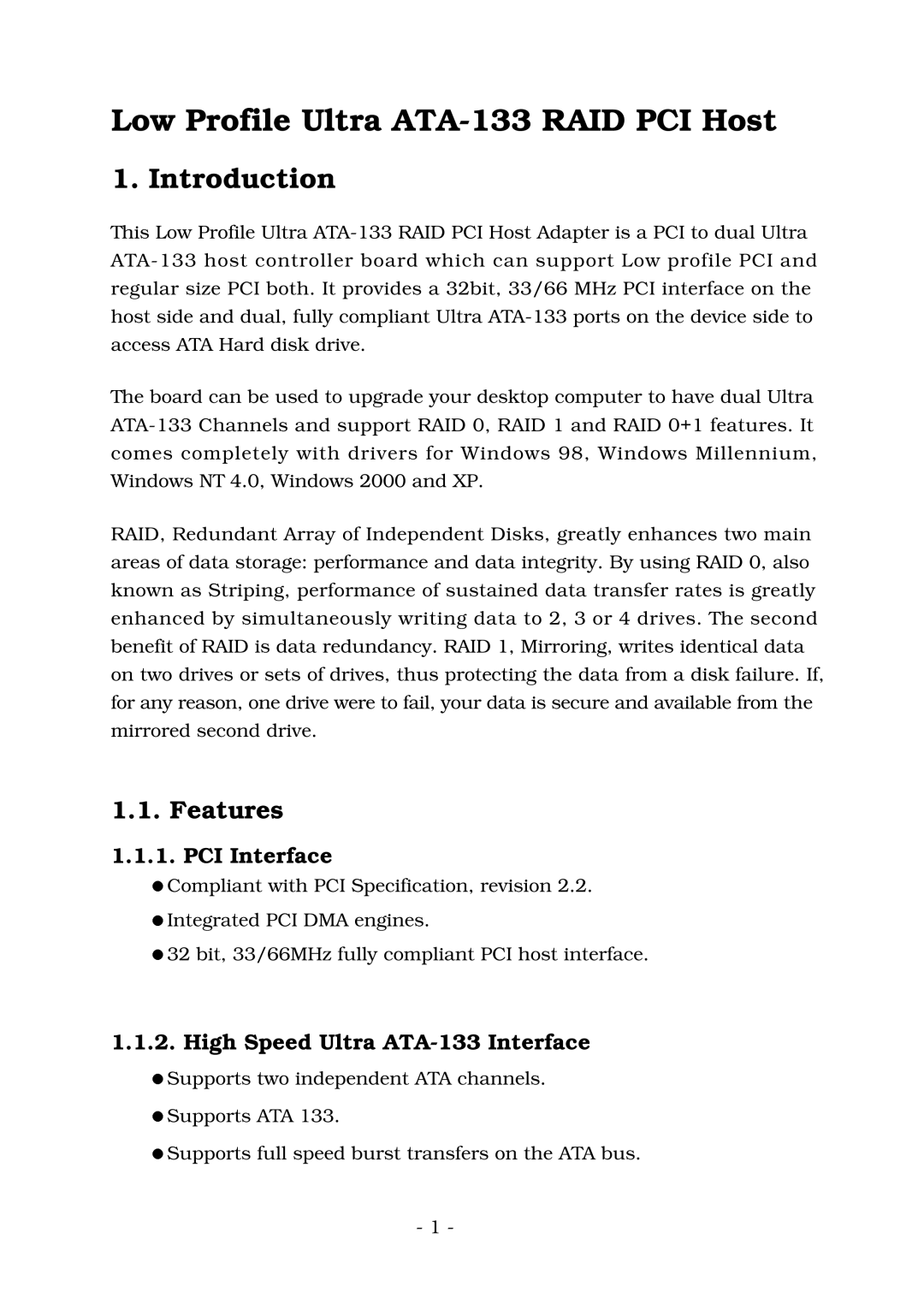 Lindy manual Introduction, Features, PCI Interface, High Speed Ultra ATA-133 Interface 