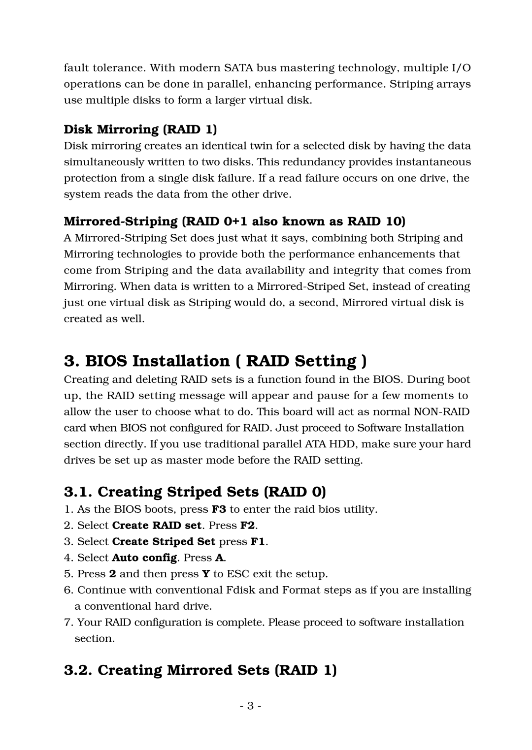 Lindy ATA-133 Bios Installation RAID Setting, Creating Striped Sets RAID, Creating Mirrored Sets RAID, Disk Mirroring RAID 