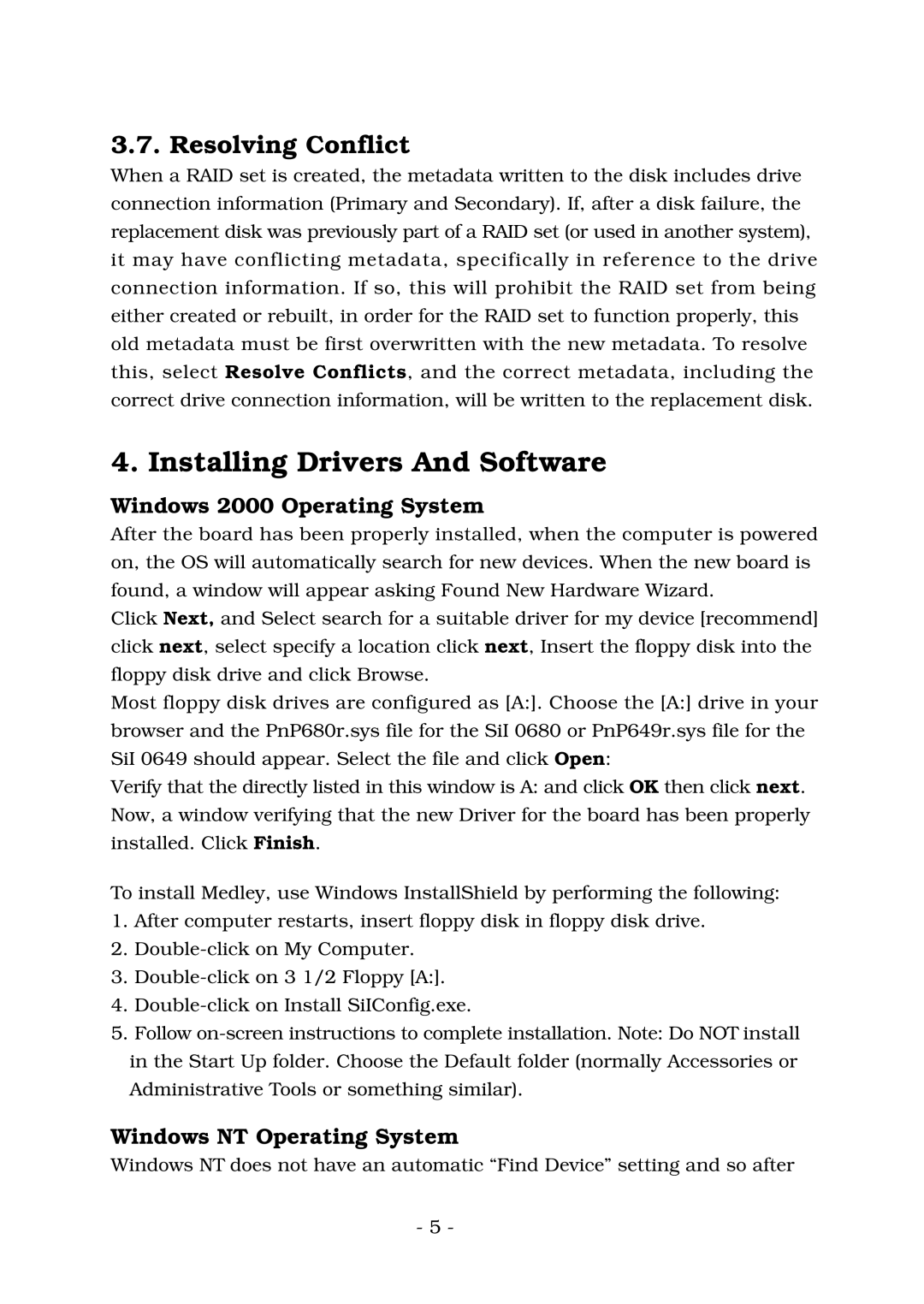 Lindy ATA-133 manual Installing Drivers And Software, Resolving Conflict, Windows 2000 Operating System 