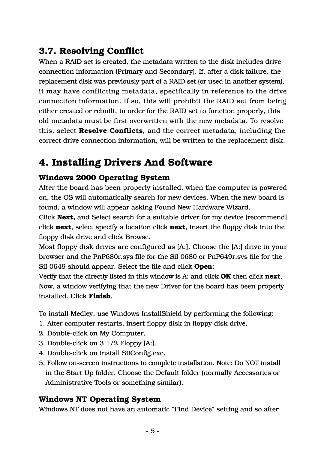Lindy ATA-133 manual Installing Drivers And Software, Resolving Conflict, Windows 2000 Operating System 