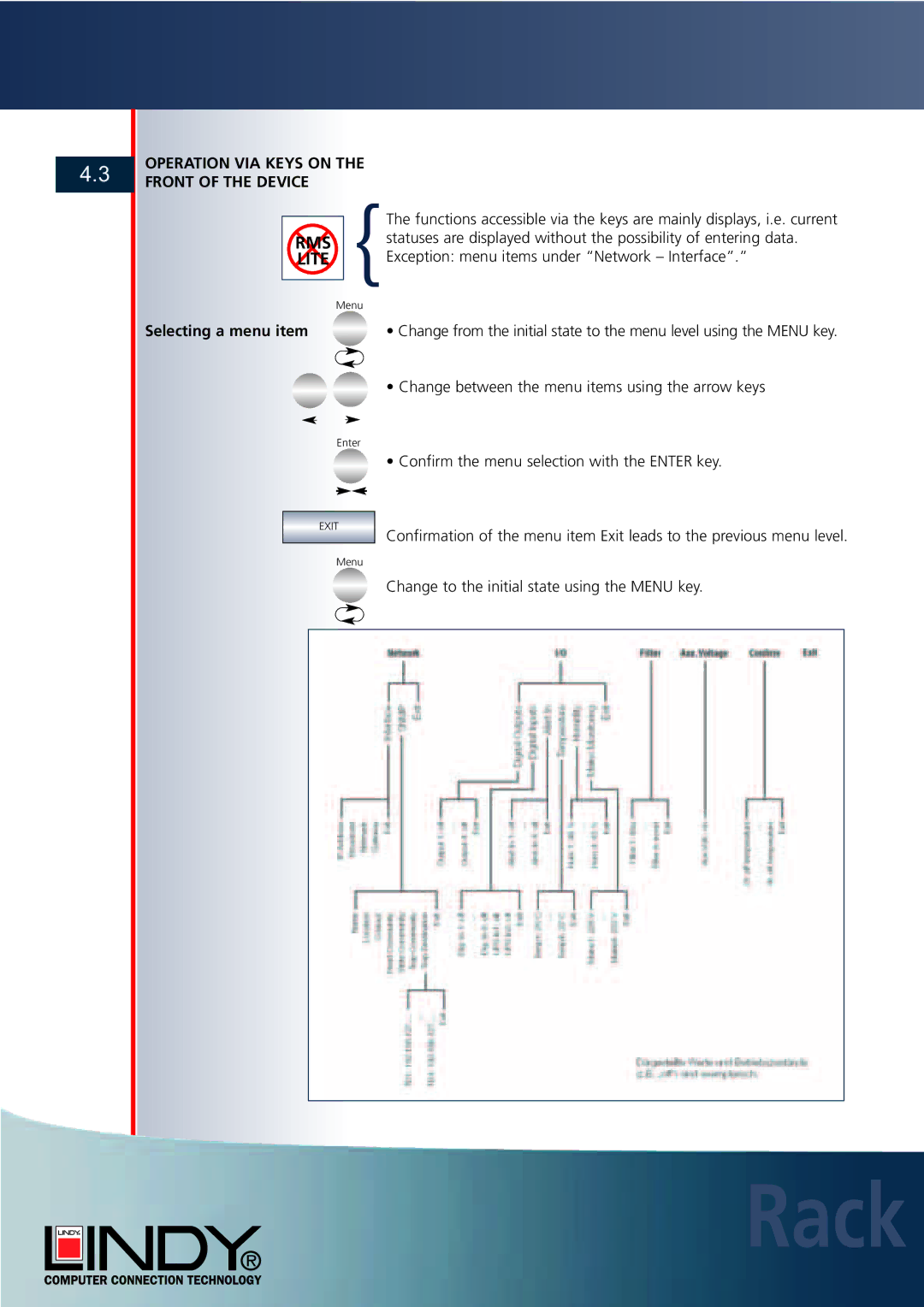 Lindy Carbon Monoxide Alarm user manual Operation VIA Keys on the Front of the Device, Selecting a menu item 