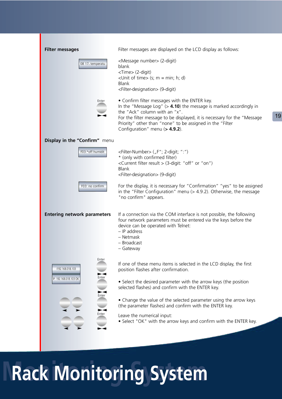 Lindy Carbon Monoxide Alarm user manual Filter messages, Display in the Confirm menu, Entering network parameters 