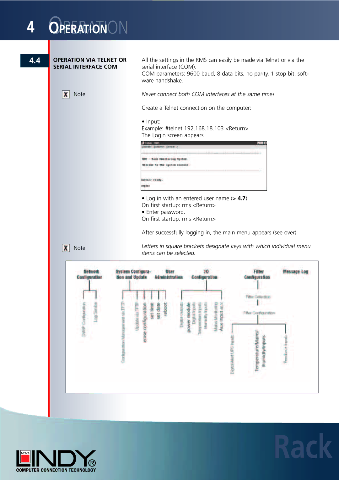 Lindy Carbon Monoxide Alarm user manual Operation VIA Telnet or, Serial Interface COM 