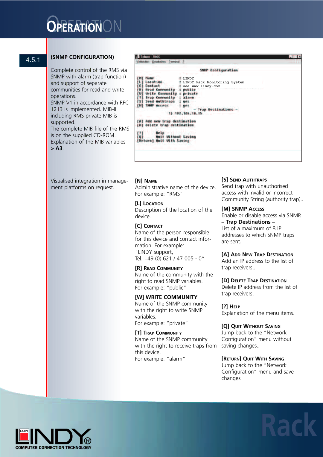 Lindy Carbon Monoxide Alarm user manual Snmp Configuration, Ame, Snmp a Ccess, Write Community 