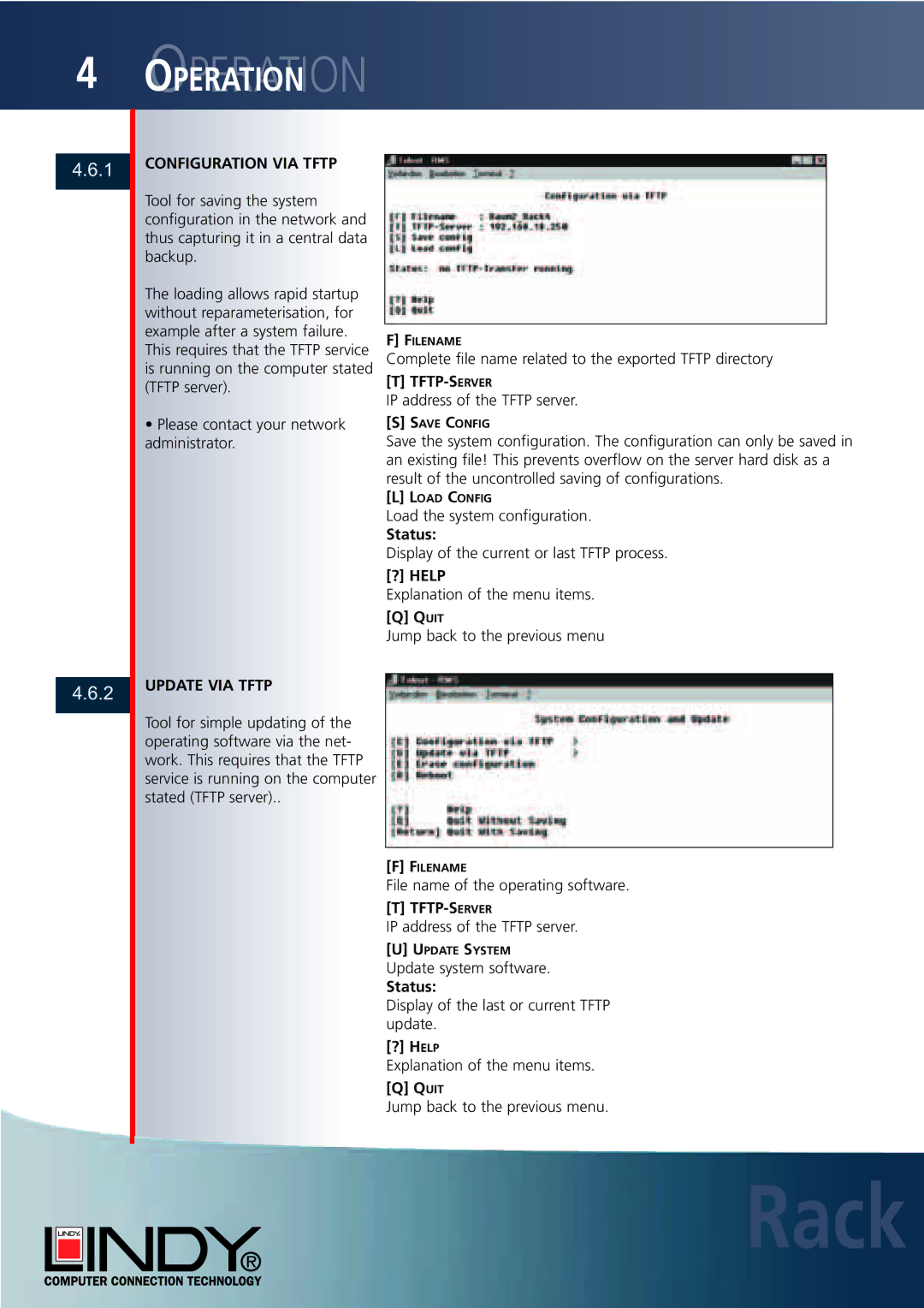 Lindy Carbon Monoxide Alarm user manual Configuration VIA Tftp, Tftp-Server, Status, Quit, Update VIA Tftp 