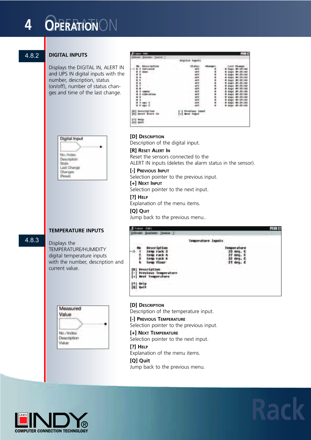 Lindy Carbon Monoxide Alarm user manual Digital Inputs, Temperature Inputs, Quit 