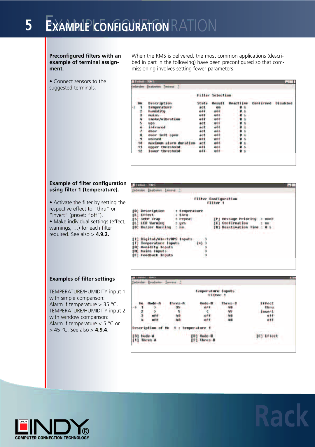 Lindy Carbon Monoxide Alarm Preconfigured filters with an, Example of terminal assign, Ment, Examples of filter settings 