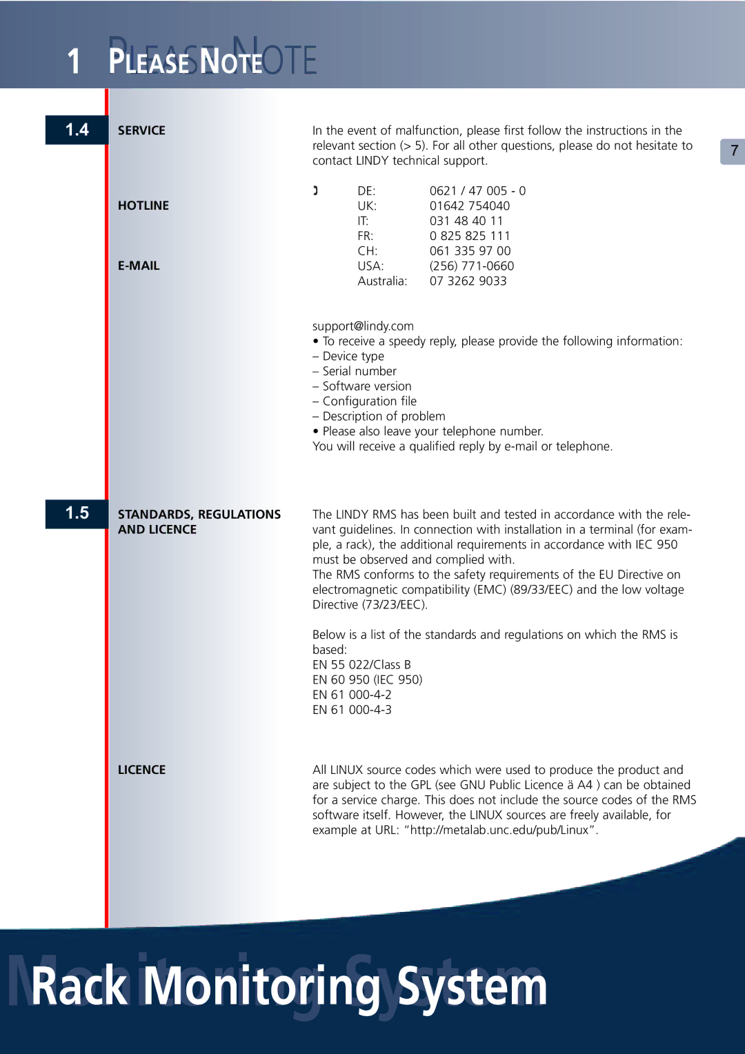 Lindy Carbon Monoxide Alarm user manual Service, Hotline, Mail, STANDARDS, Regulations, Licence 