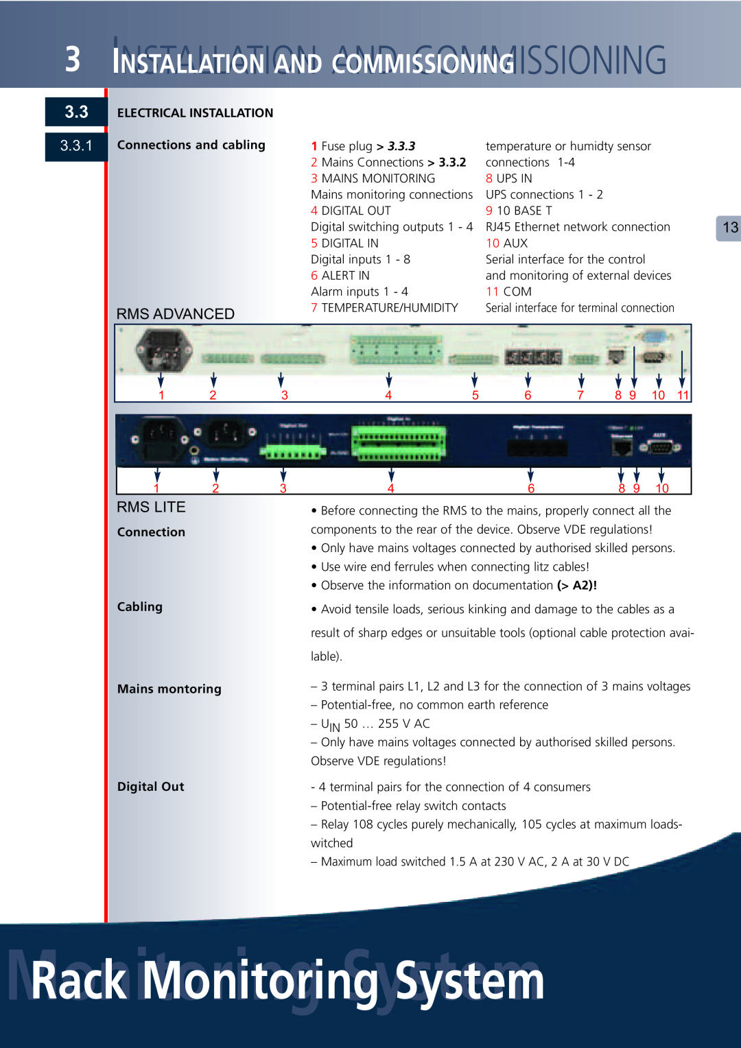 Lindy Carbon Monoxide Alarm user manual 3.3.1, MonitoringRack MonitoringSystemSystem, Rms Advanced, Rms Lite, Connection 