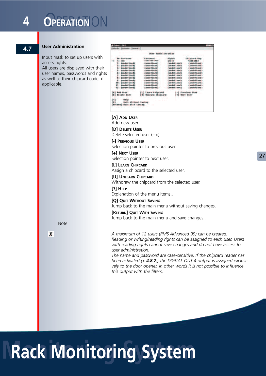 Lindy Carbon Monoxide Alarm user manual Operation, MonitoringRack MonitoringSystemSystem, User Administration 