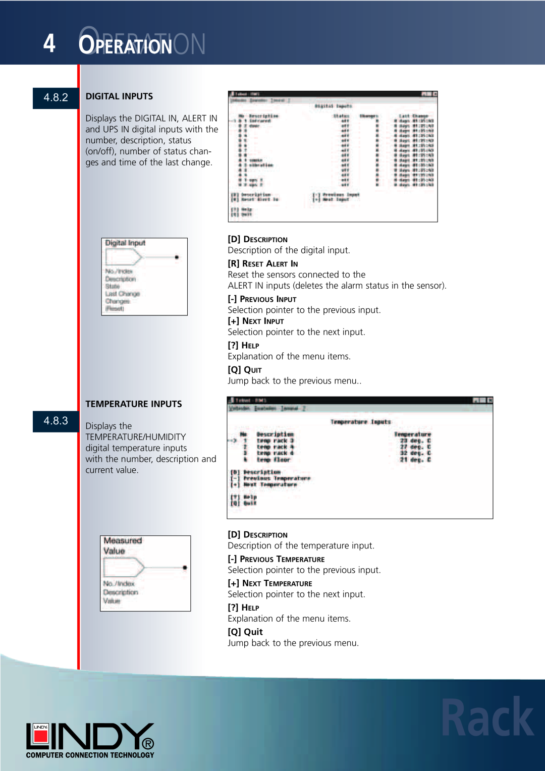 Lindy Carbon Monoxide Alarm user manual 4.8.2 4.8.3, Rack, Ooperationperation, Digital Inputs, Temperature Inputs, Q Quit 