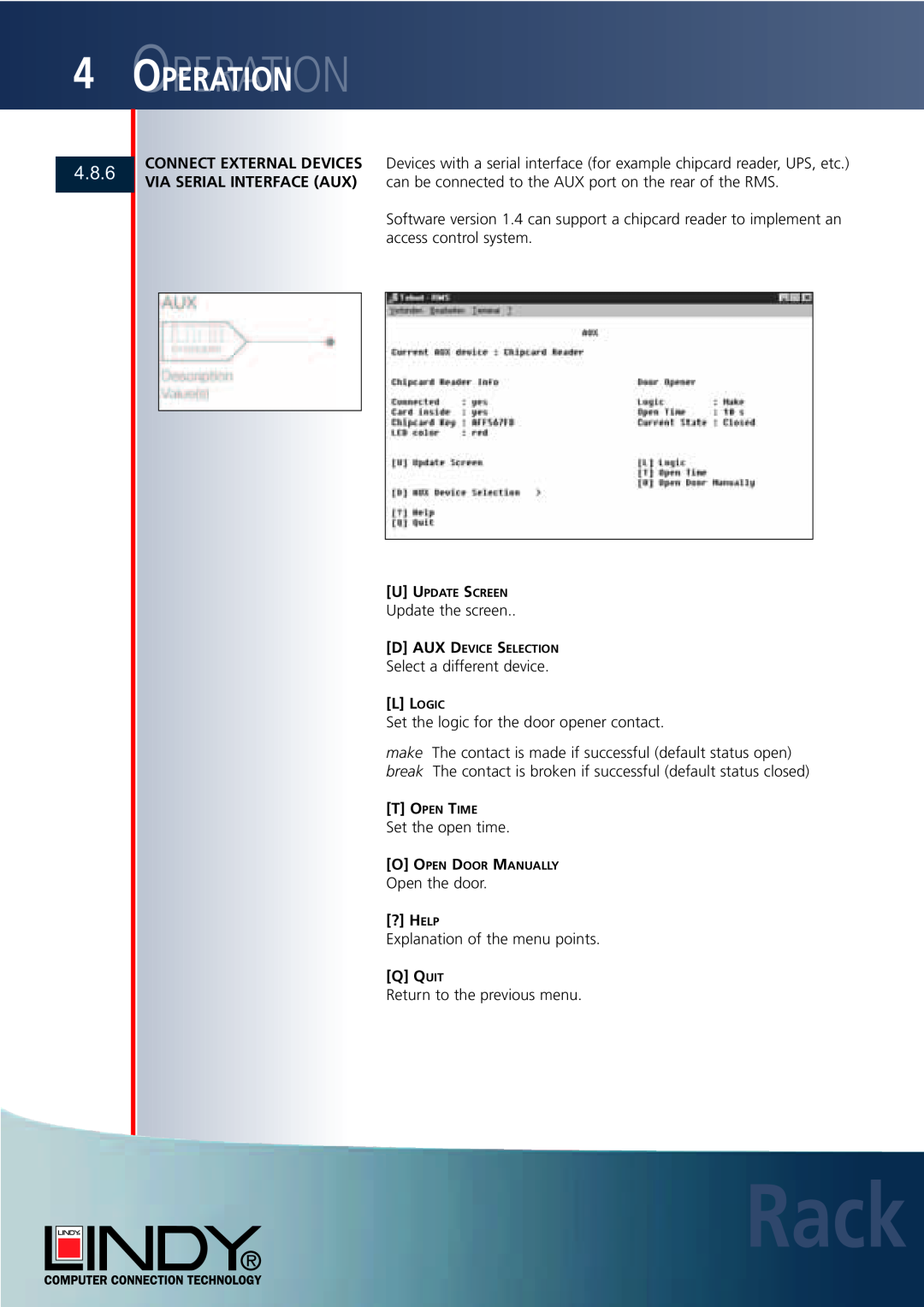 Lindy Carbon Monoxide Alarm user manual 4.8.6, Rack, Ooperationperation, Update the screen 