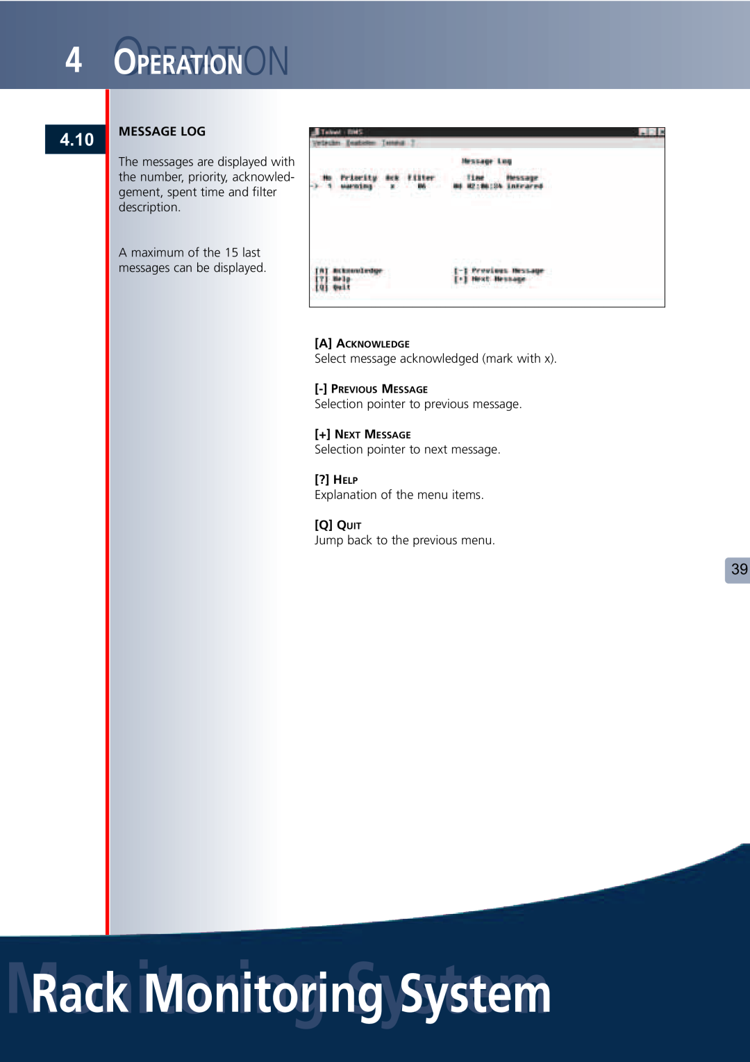 Lindy Carbon Monoxide Alarm user manual 4.10, MonitoringRack MonitoringSystemSystem, Ooperationperation, Message Log 