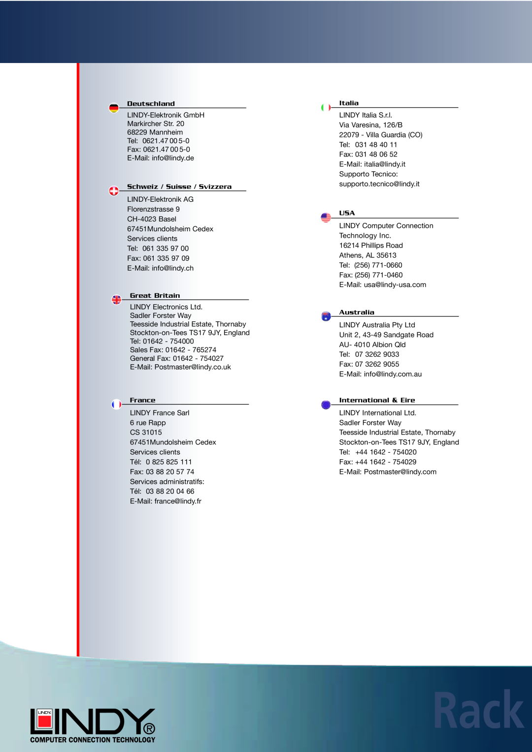 Lindy Carbon Monoxide Alarm Rack, Deutschland, Schweiz / Suisse / Svizzera, Great Britain, France, Italia, Australia 