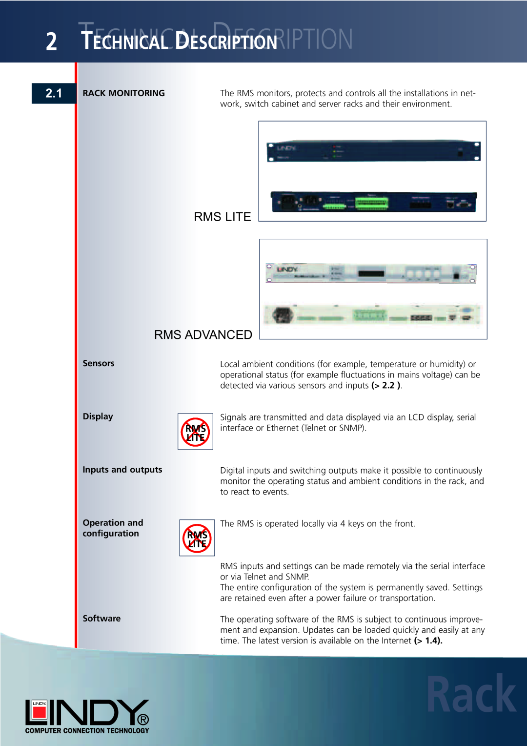 Lindy Carbon Monoxide Alarm user manual Ttechnicalechnicaldescriptiondescription, Rms Lite, Rms Advanced, Rack 
