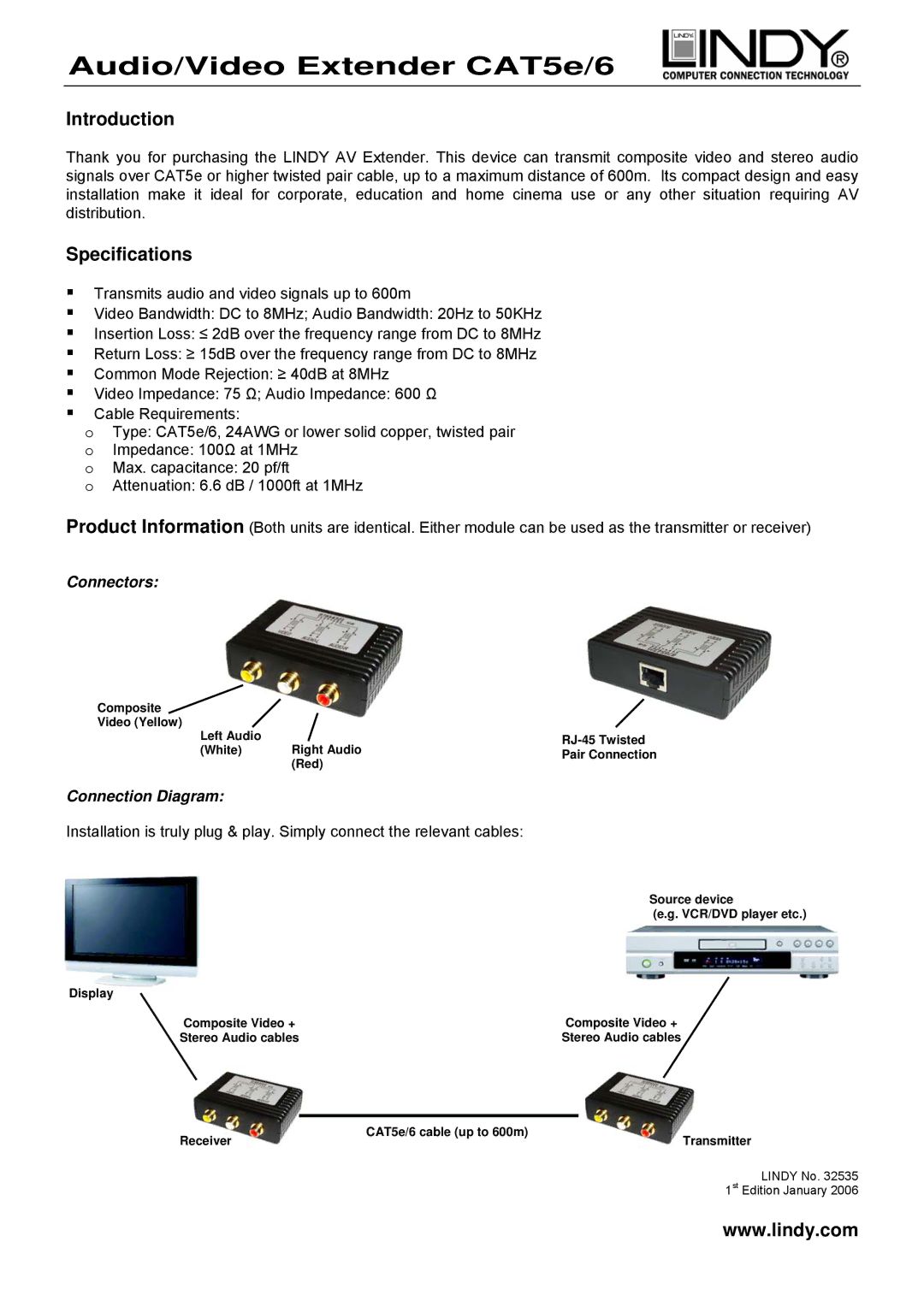 Lindy CAT5E/6 specifications Audio/Video Extender CAT5e/6, Introduction, Specifications, Connectors, Connection Diagram 