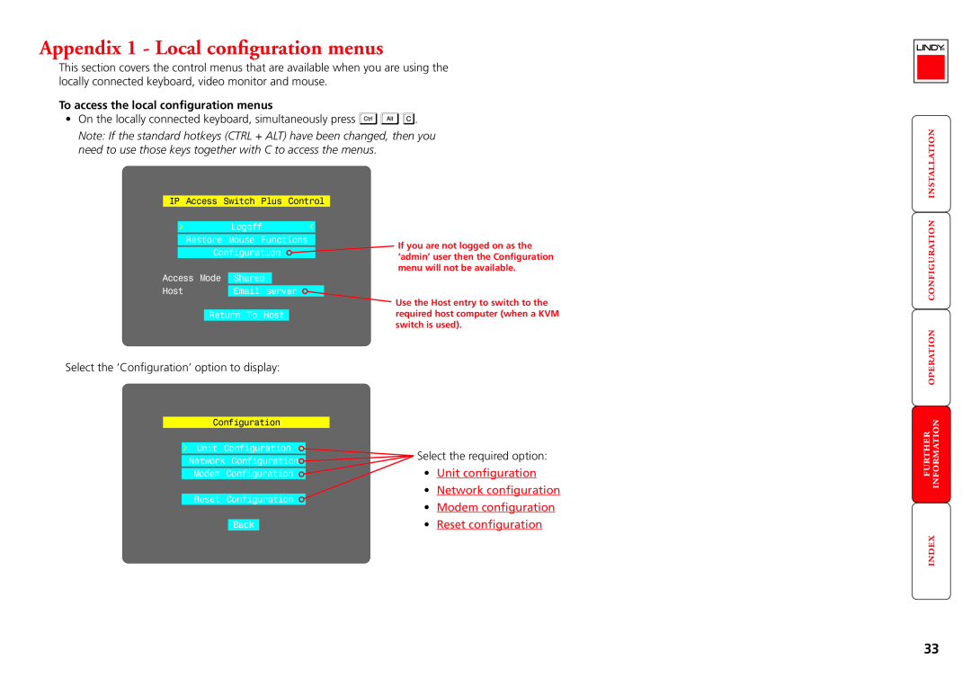 Lindy CPU IP Access Switch Plus manual Appendix 1 - Local configuration menus, , , Unit configuration 