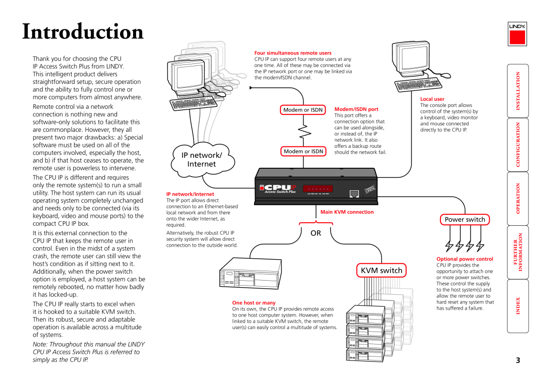 Lindy CPU IP Access Switch Plus manual Introduction, IP network Internet, KVM switch, , , Power switch 