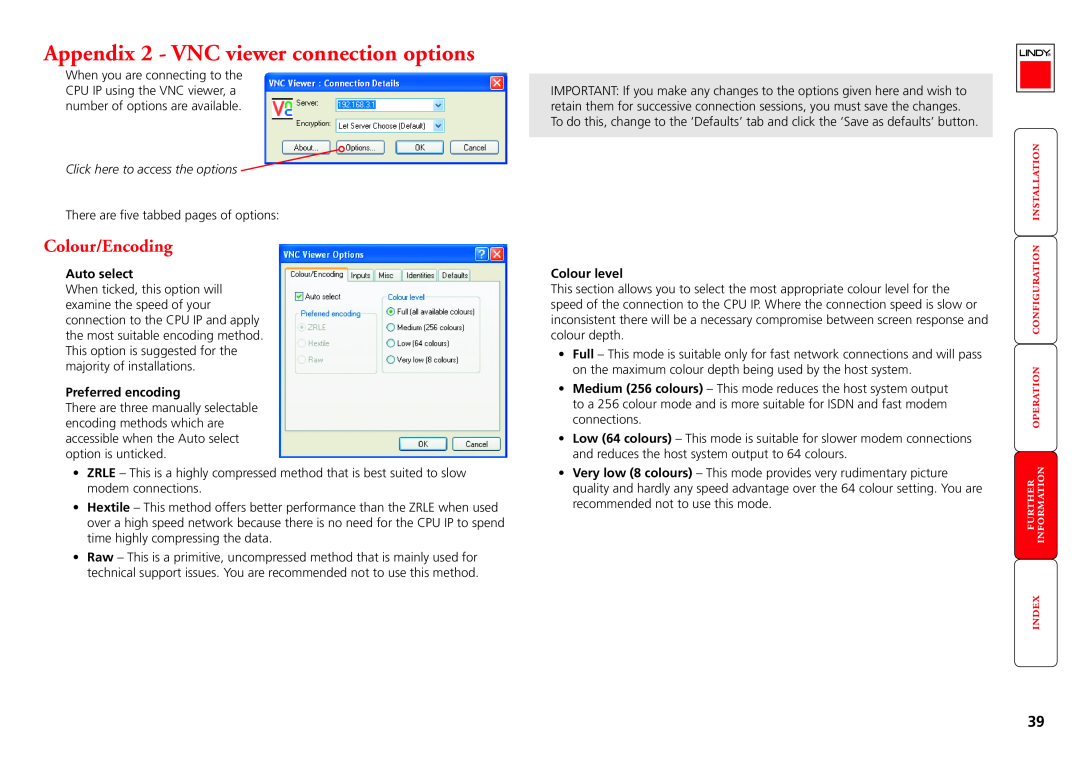 Lindy CPU IP Access Switch Plus manual Appendix 2 - VNC viewer connection options, Colour/Encoding, , Auto select 