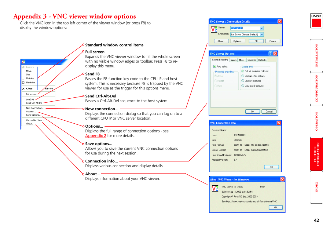 Lindy CPU IP Access Switch Plus Appendix 3 - VNC viewer window options, , Standard window control items Full screen 