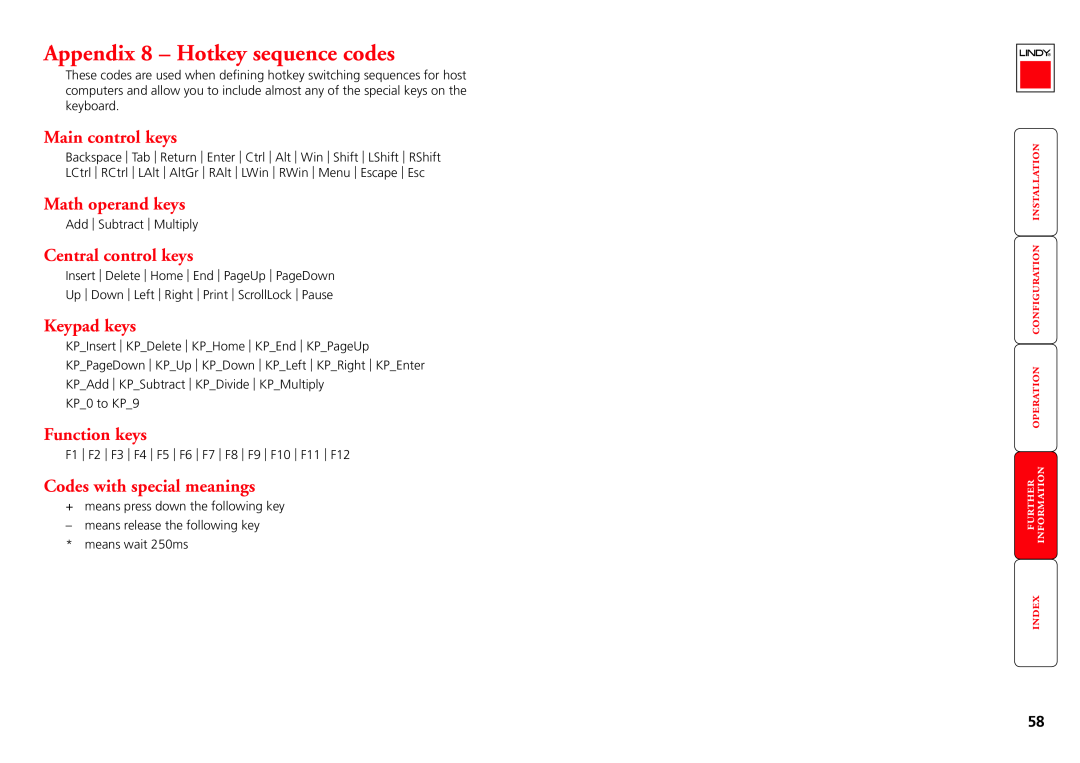Lindy CPU IP Access Switch Plus Appendix 8 - Hotkey sequence codes, Main control keys, Math operand keys, Keypad keys 