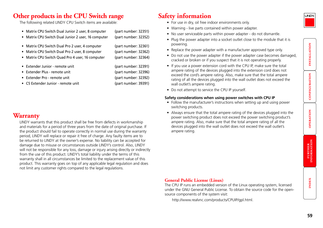Lindy CPU IP Access Switch Plus manual Other products in the CPU Switch range, Warranty, Safety information,  