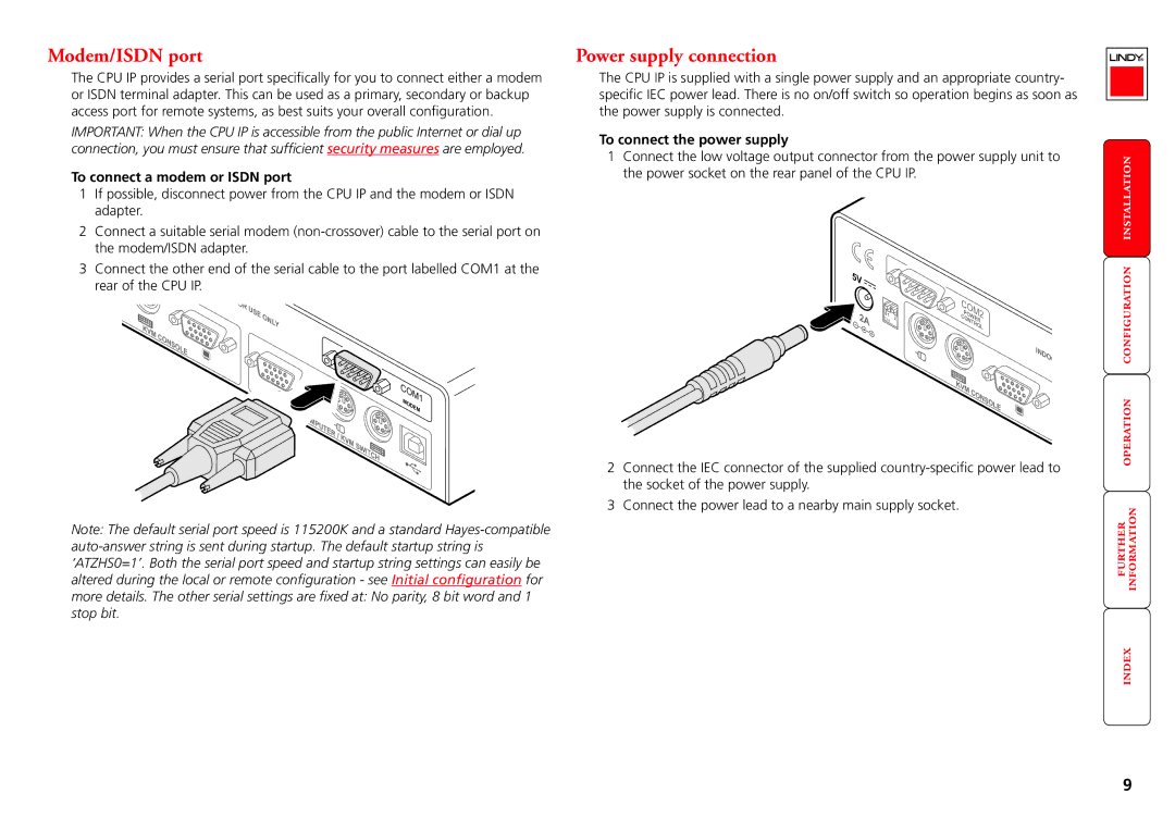 Lindy CPU IP Access Switch Plus manual Modem/ISDN port, Power supply connection, To connect a modem or Isdn port 