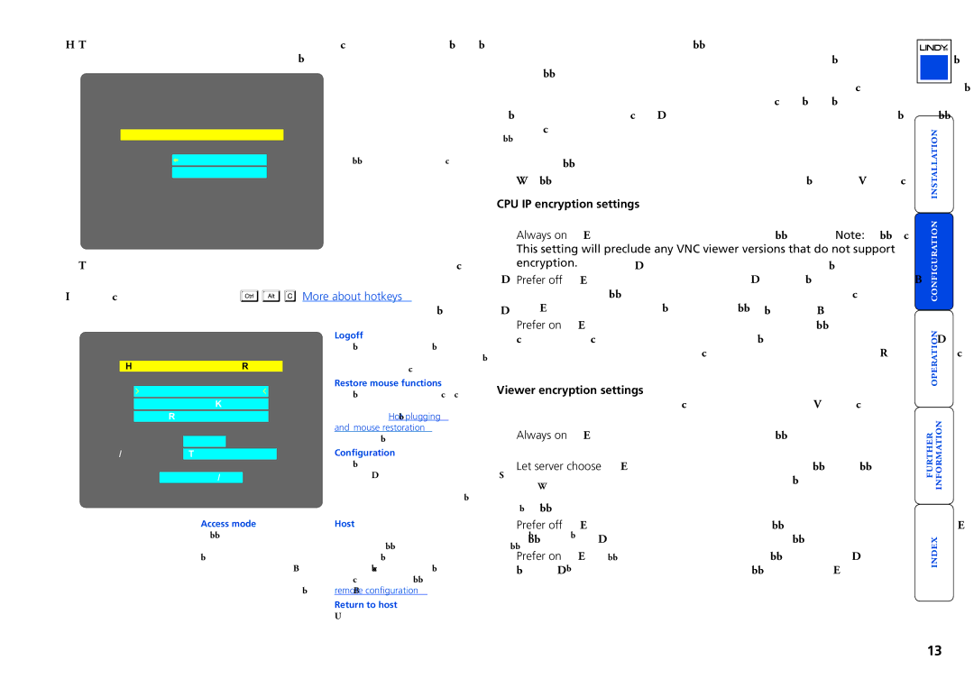 Lindy CPU IP Access Switch Plus manual Encryption settings, CPU IP encryption settings, Viewer encryption settings 