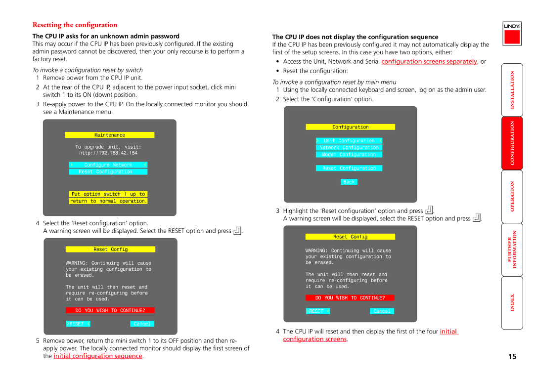 Lindy CPU IP Access Switch Plus manual Resetting the configuration, CPU IP asks for an unknown admin password 