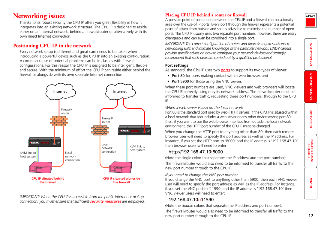 Lindy CPU IP Access Switch Plus manual Networking issues, Positioning CPU IP in the network, Port settings 