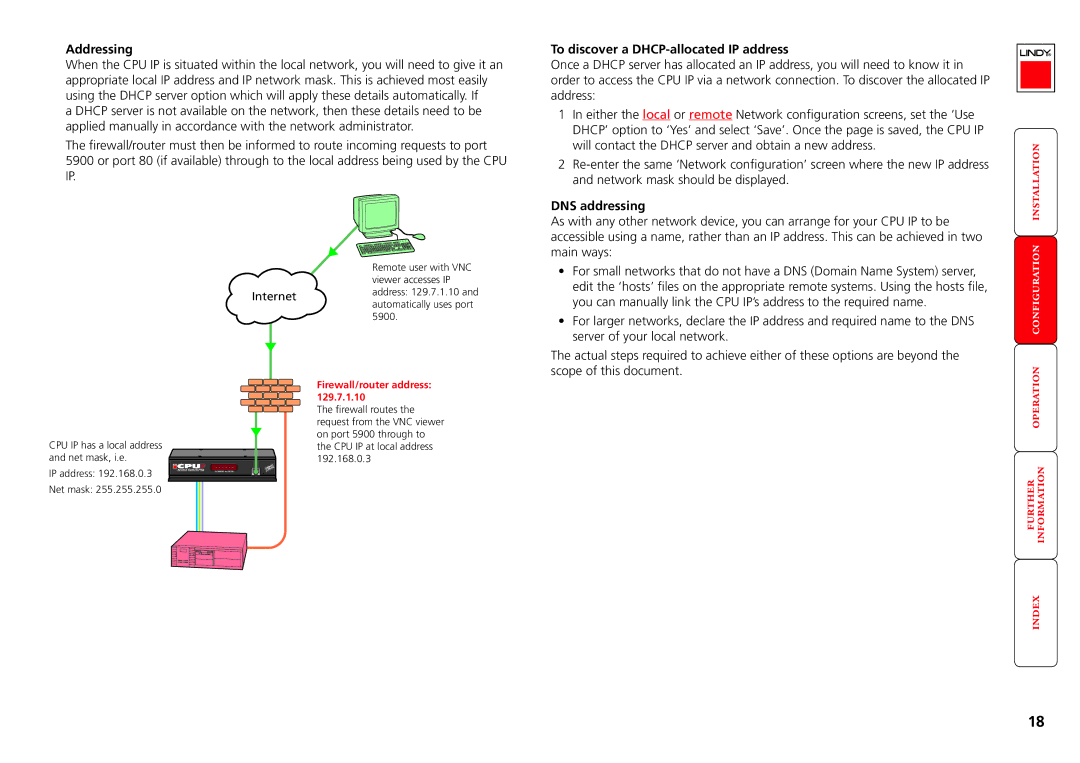 Lindy CPU IP Access Switch Plus manual Addressing, To discover a DHCP-allocated IP address, DNS addressing 