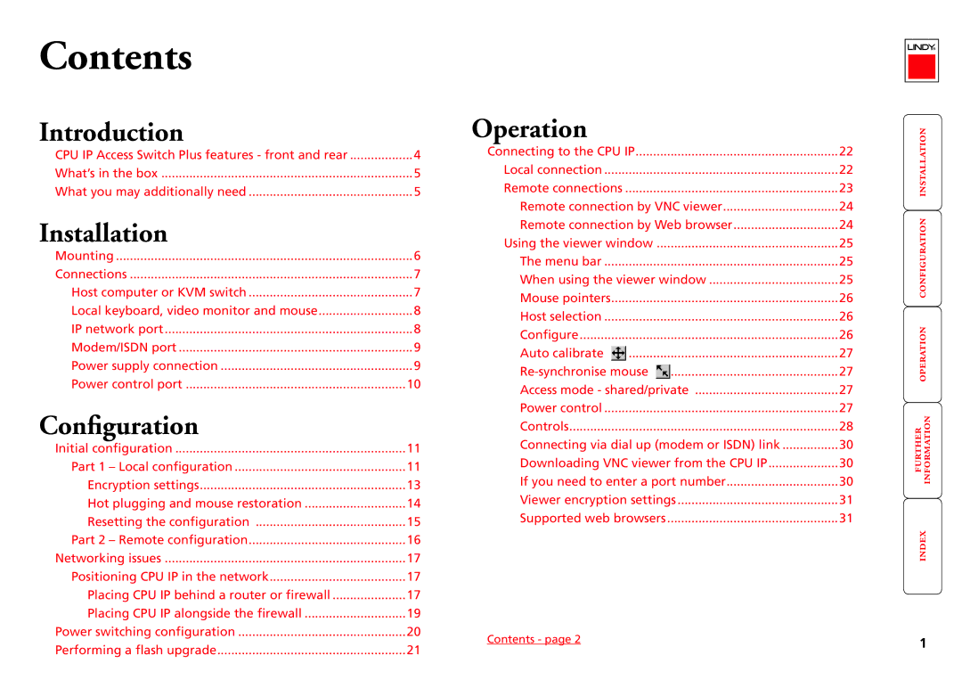 Lindy CPU IP Access Switch Plus manual Contents 