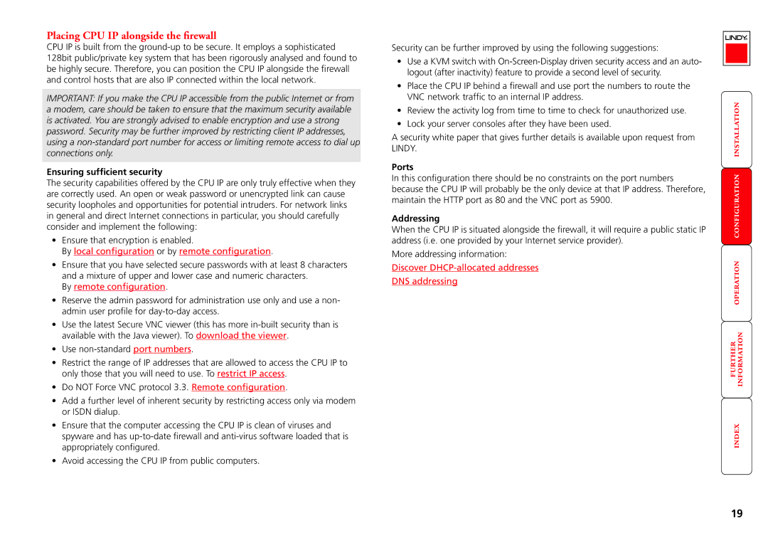 Lindy CPU IP Access Switch Plus manual Placing CPU IP alongside the firewall, Ensuring sufficient security, Ports 