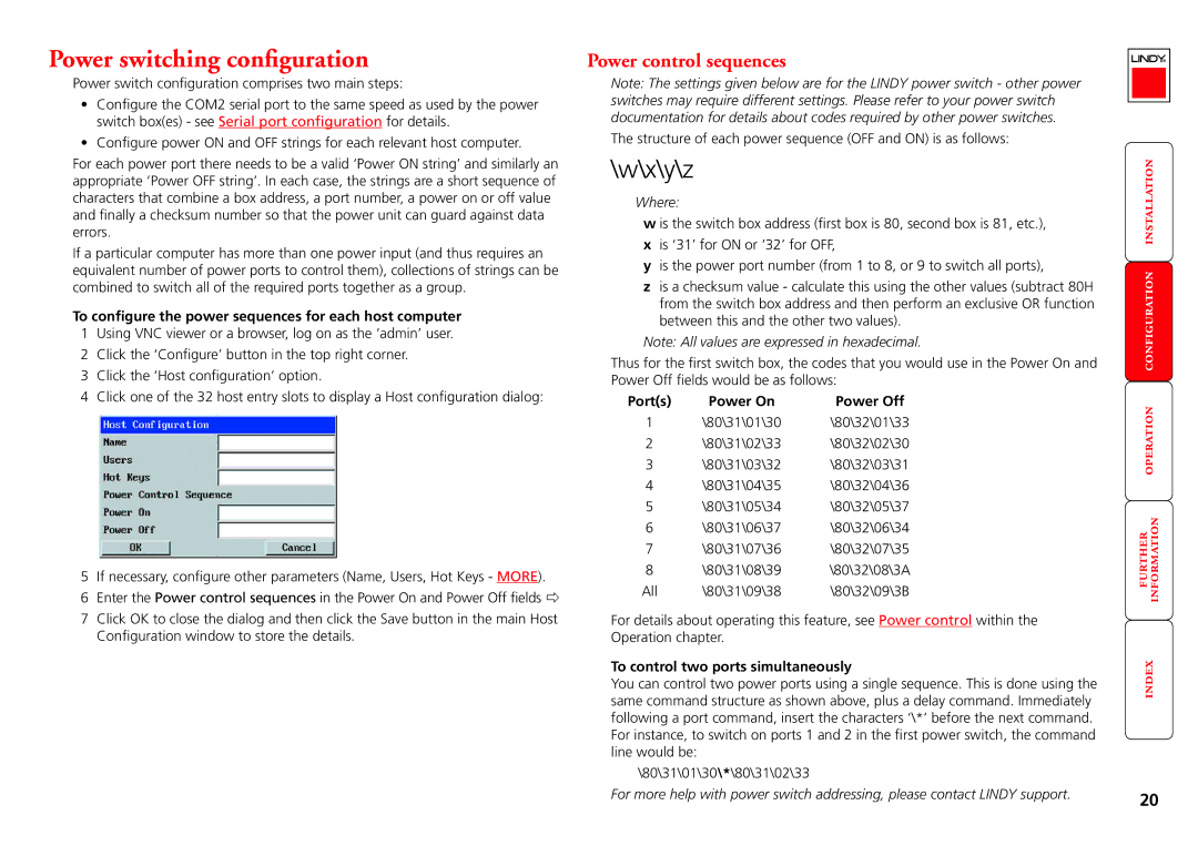 Lindy CPU IP Access Switch Plus manual Power switching configuration, Power control sequences, Power Off 