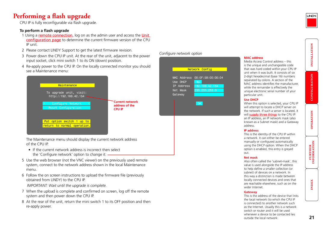 Lindy CPU IP Access Switch Plus manual Performing a flash upgrade, Important Wait until the upgrade is complete 