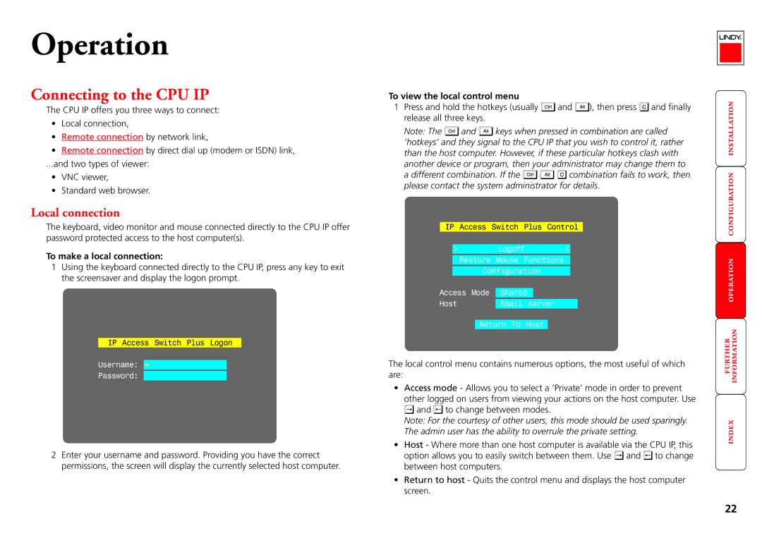 Lindy CPU IP Access Switch Plus manual Connecting to the CPU IP, Local connection, To make a local connection 