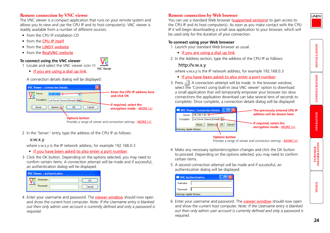 Lindy CPU IP Access Switch Plus manual Remote connection by VNC viewer, Remote connection by Web browser 