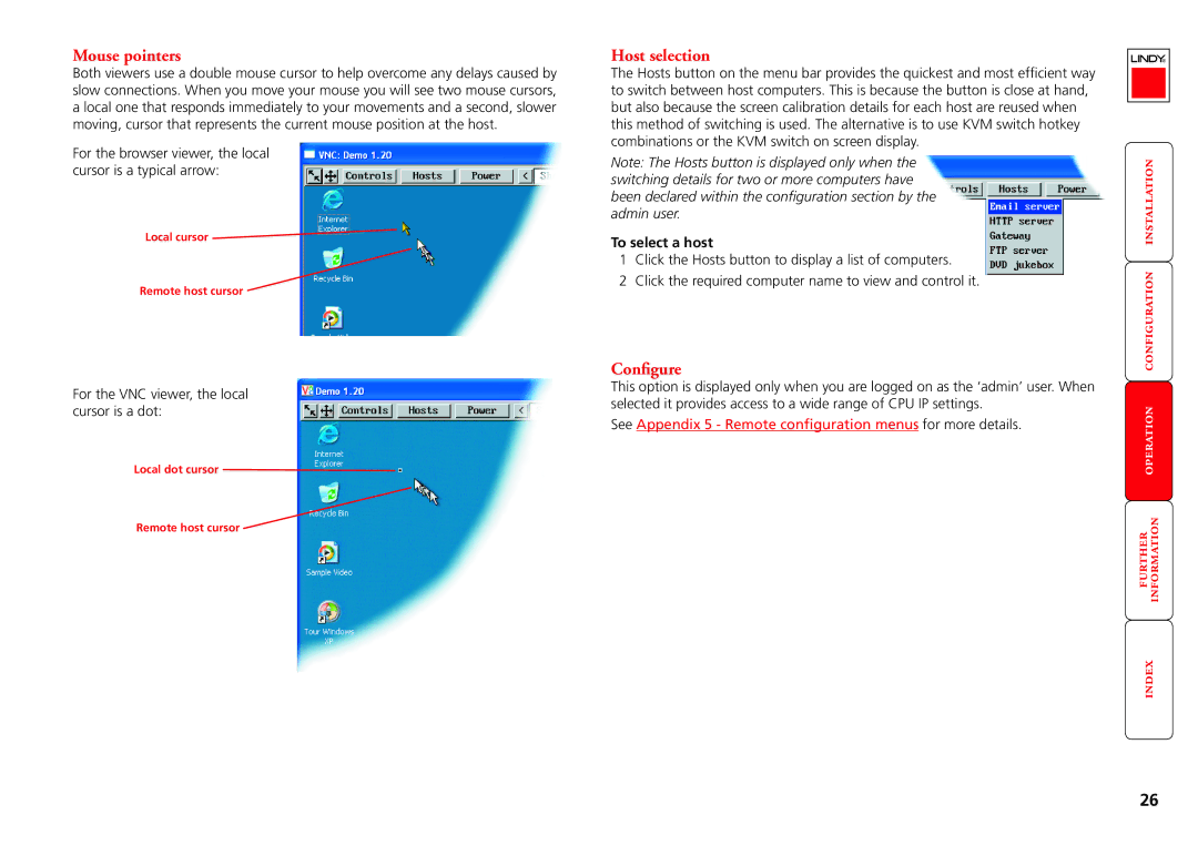 Lindy CPU IP Access Switch Plus manual Mouse pointers, Host selection, Configure, To select a host 